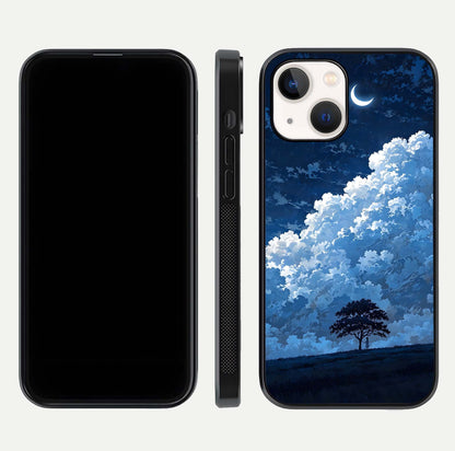 Midnight Sky Serenity Glass Case for iPhone 14 front & back layout highlighting celestial art and curves