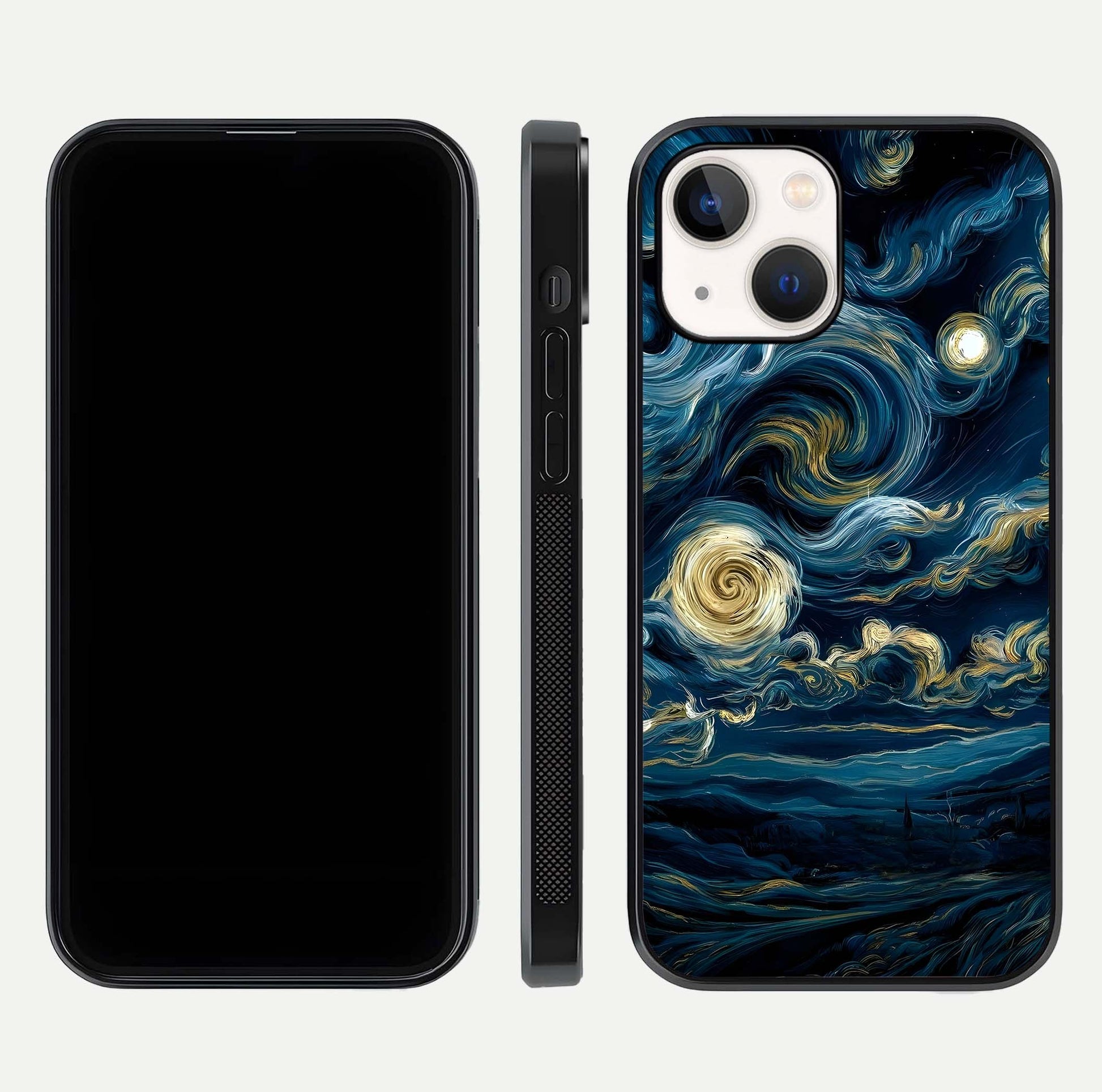 Midnight Sky Whirl Glass Case for iPhone 14 front & back layout highlighting celestial movement art