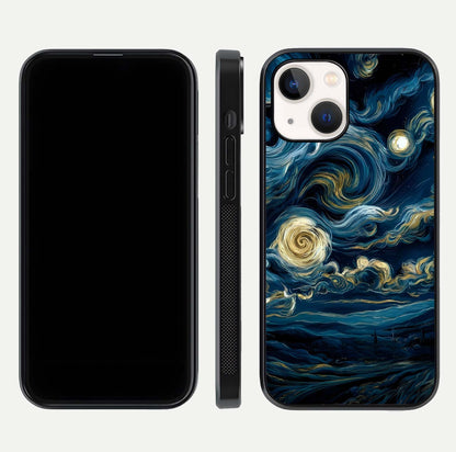 Midnight Sky Whirl Glass Case for iPhone 14 front & back layout highlighting celestial movement art