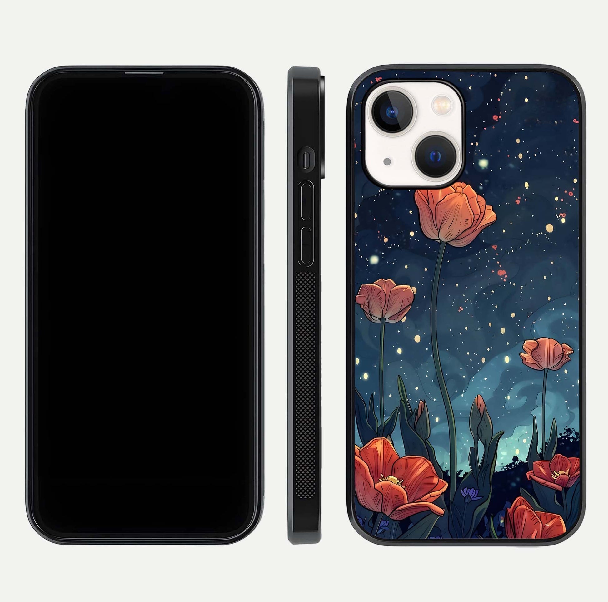 Midnight Tulip Glow Glass Case for iPhone 14 front & back layout highlighting floral glow and curved edges