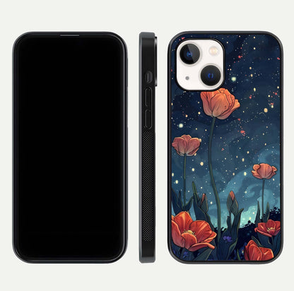 Midnight Tulip Glow Glass Case for iPhone 14 front & back layout highlighting floral glow and curved edges