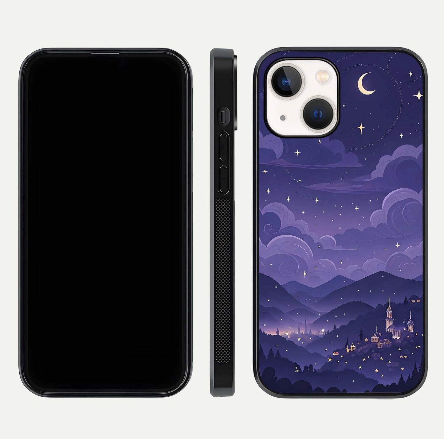 Minimal Night View Glass Case for iPhone 14 front & back layout highlighting minimal night vibe and curves