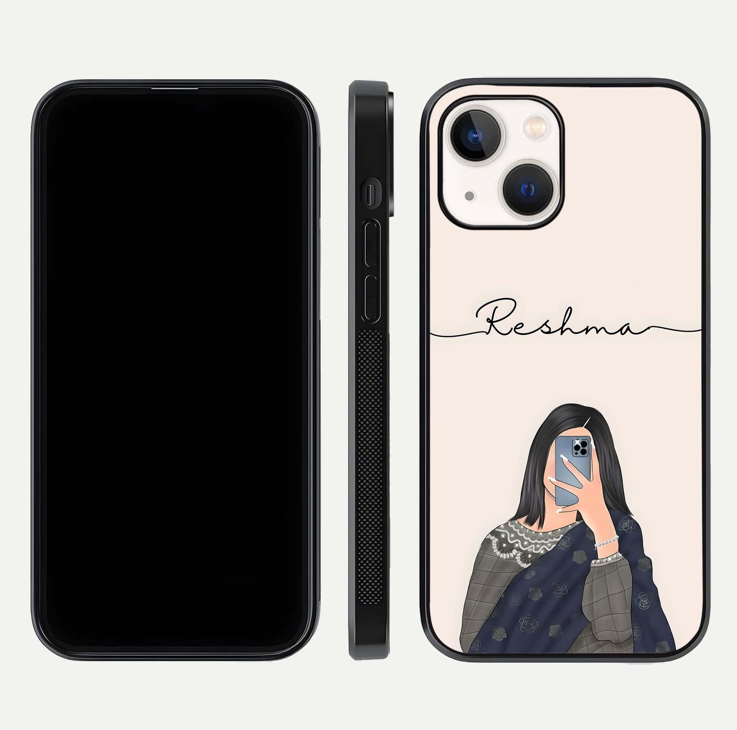 Mirror Mood Muse Custom Name Glass Case for iPhone 14 front & back layout showing personalized name placement