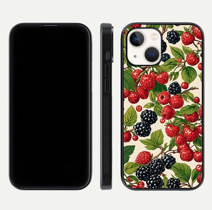 Mixed Berry Collage Glass Case for iPhone 14 front & back layout highlighting colorful art and curved edges