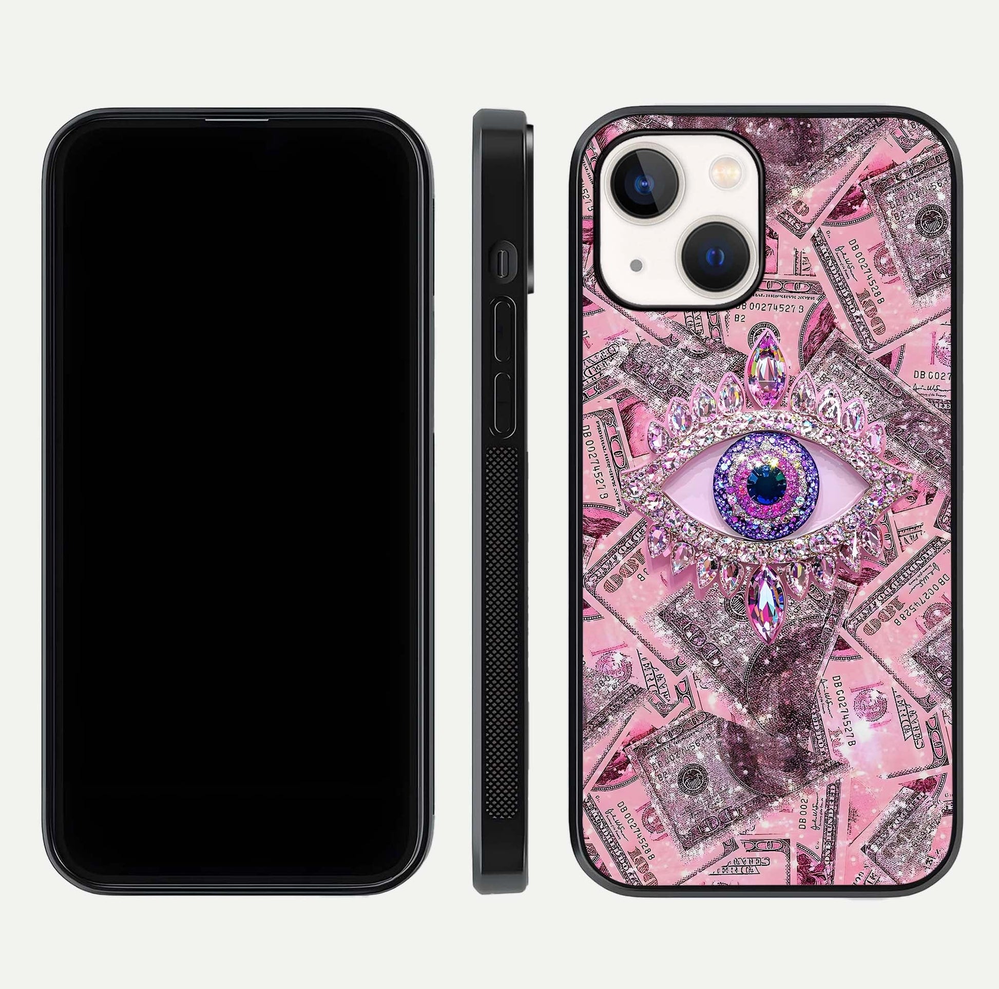 Money Eye Luxe Glass Case for iPhone 14 front & back layout highlighting luxury edge design and bold art