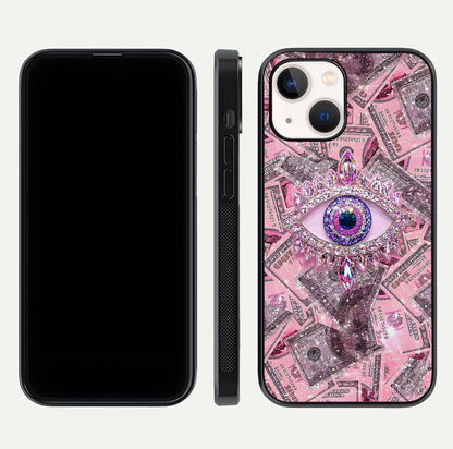 Money Eye Luxe Glass Case for iPhone 14 front & back layout highlighting luxury edge design and bold art