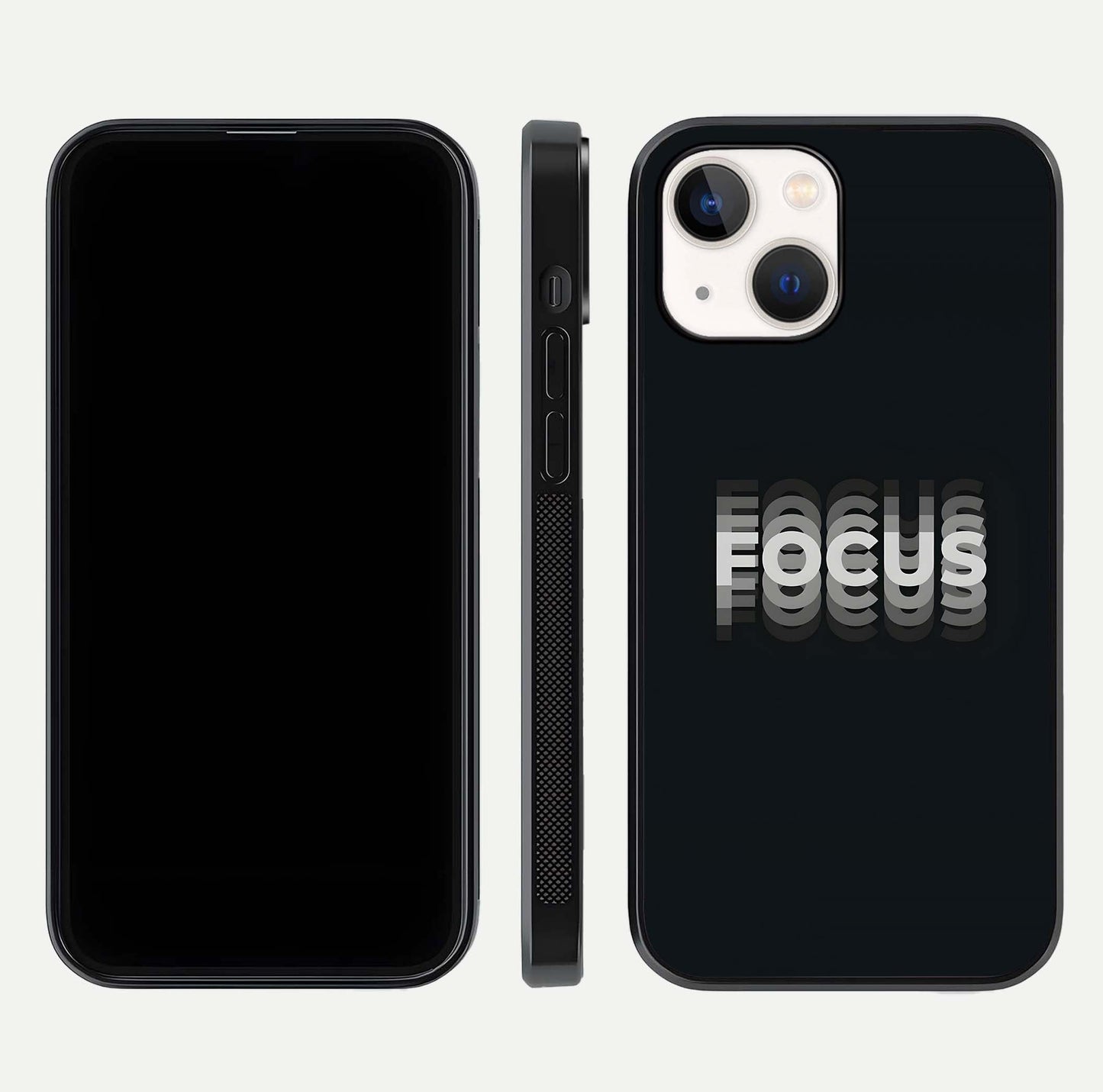 Mono Focus Vision Glass Case for iPhone 14 front & back layout showing clean focus lines and curved edges