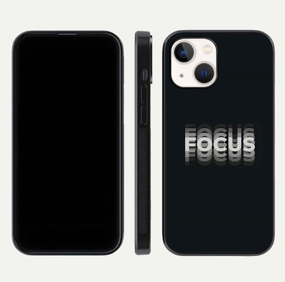 Mono Focus Vision Glass Case for iPhone 14 front & back layout showing clean focus lines and curved edges