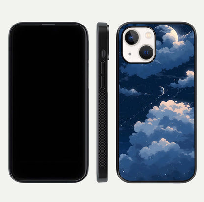 Moon Dream Haze Glass Case for iPhone 14 front & back layout highlighting dreamy design and curved shape