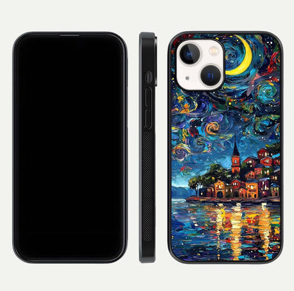 Moonlight Harbor Glow Glass Case for iPhone 14 front & back layout highlighting calm harbor tones