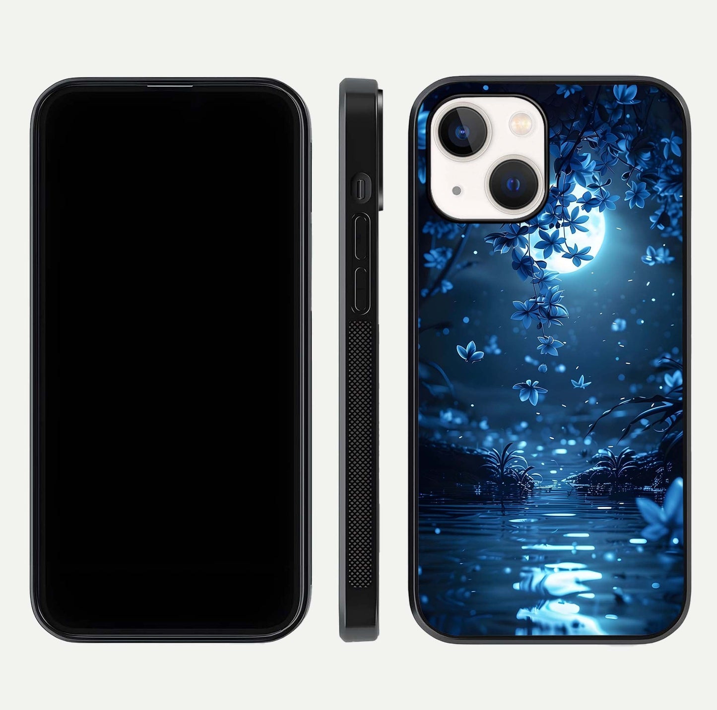 Moonlight Petal Dream Glass Case for iPhone 14 front & back layout highlighting soft pastel tones