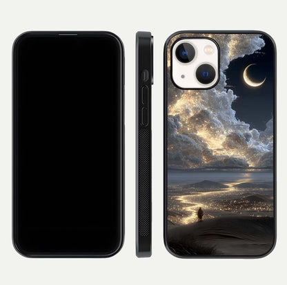 Moonlight Spark Path Glass Case for iPhone 14 front & back layout highlighting calm tones and sleek edges