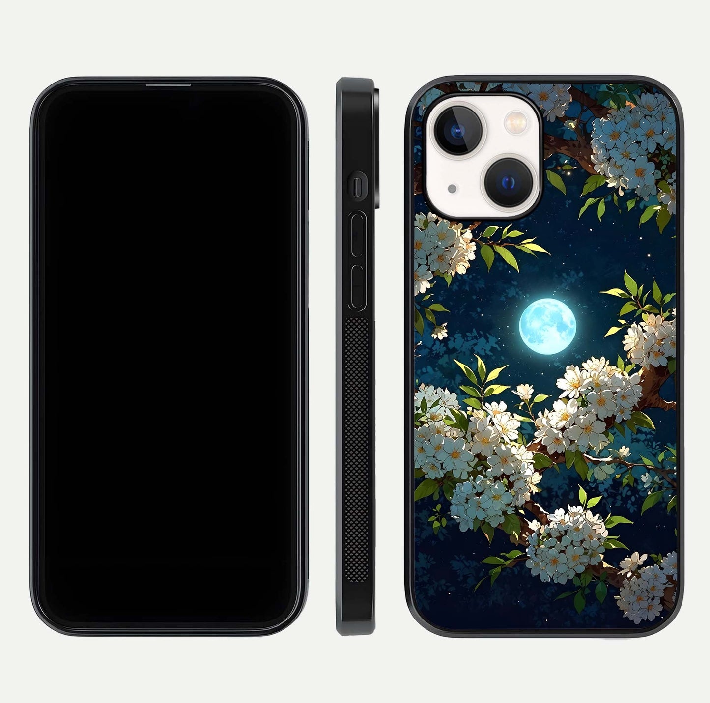 Moonlit Blossom Dream Glass Case for iPhone 14 front & back layout highlighting moonlit tones and edges