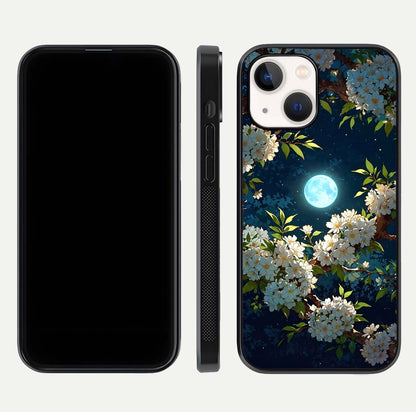 Moonlit Blossom Dream Glass Case for iPhone 14 front & back layout highlighting moonlit tones and edges