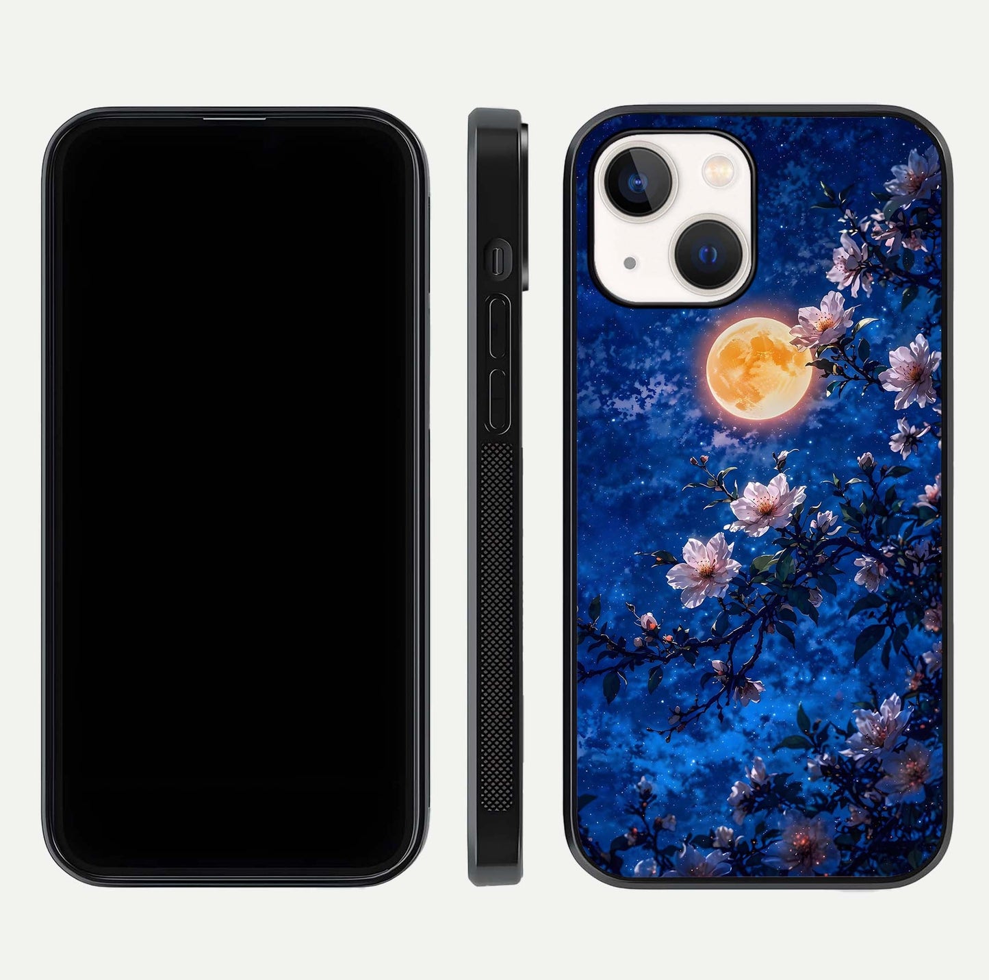 Moonlit Blossoms Night Glass Case for iPhone 14 front & back layout highlighting moonlit tones and curved edges
