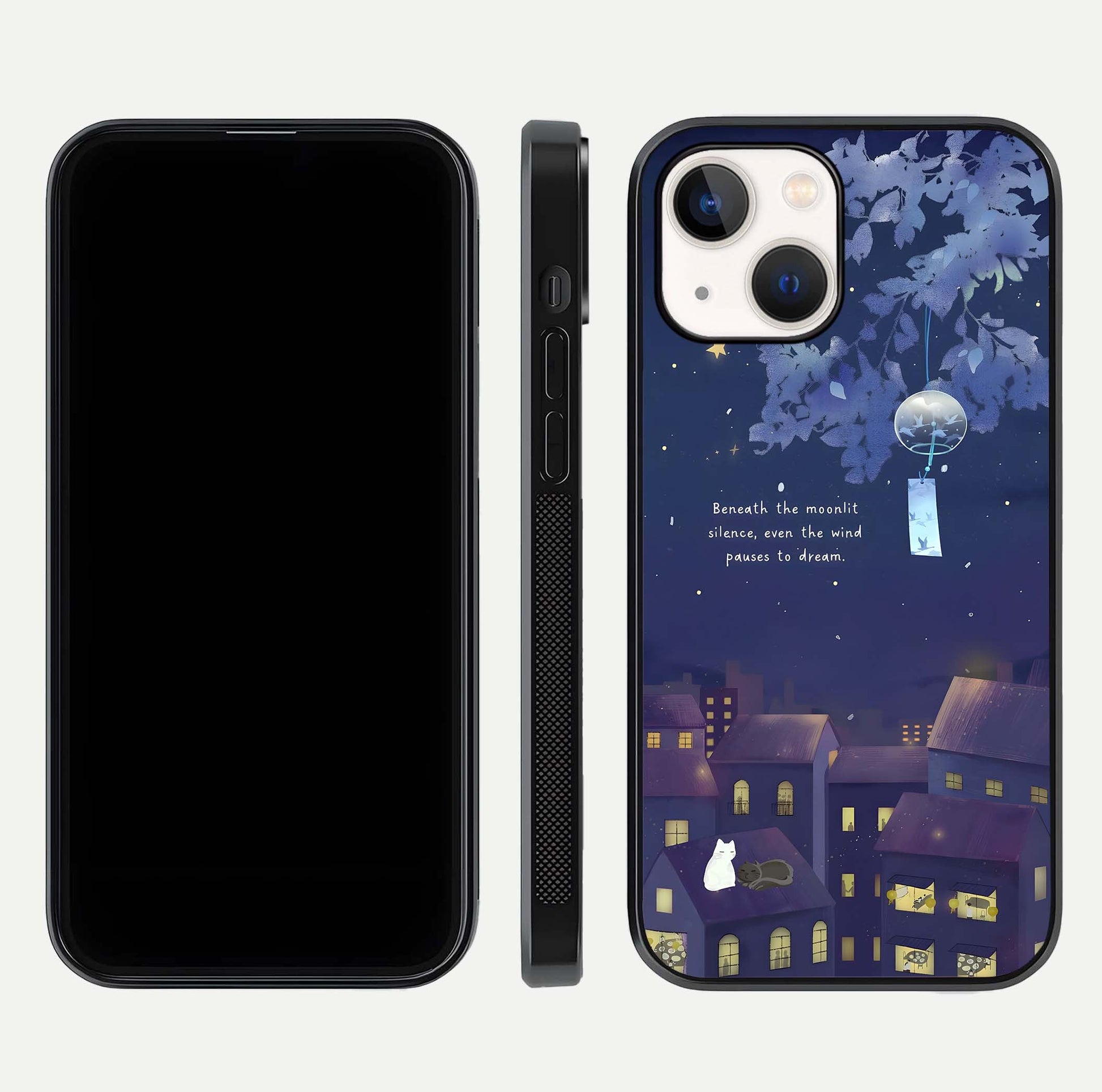 Moonlit Cat Silence Glass Case for iPhone 14 front & back layout highlighting calm tones and edge detail