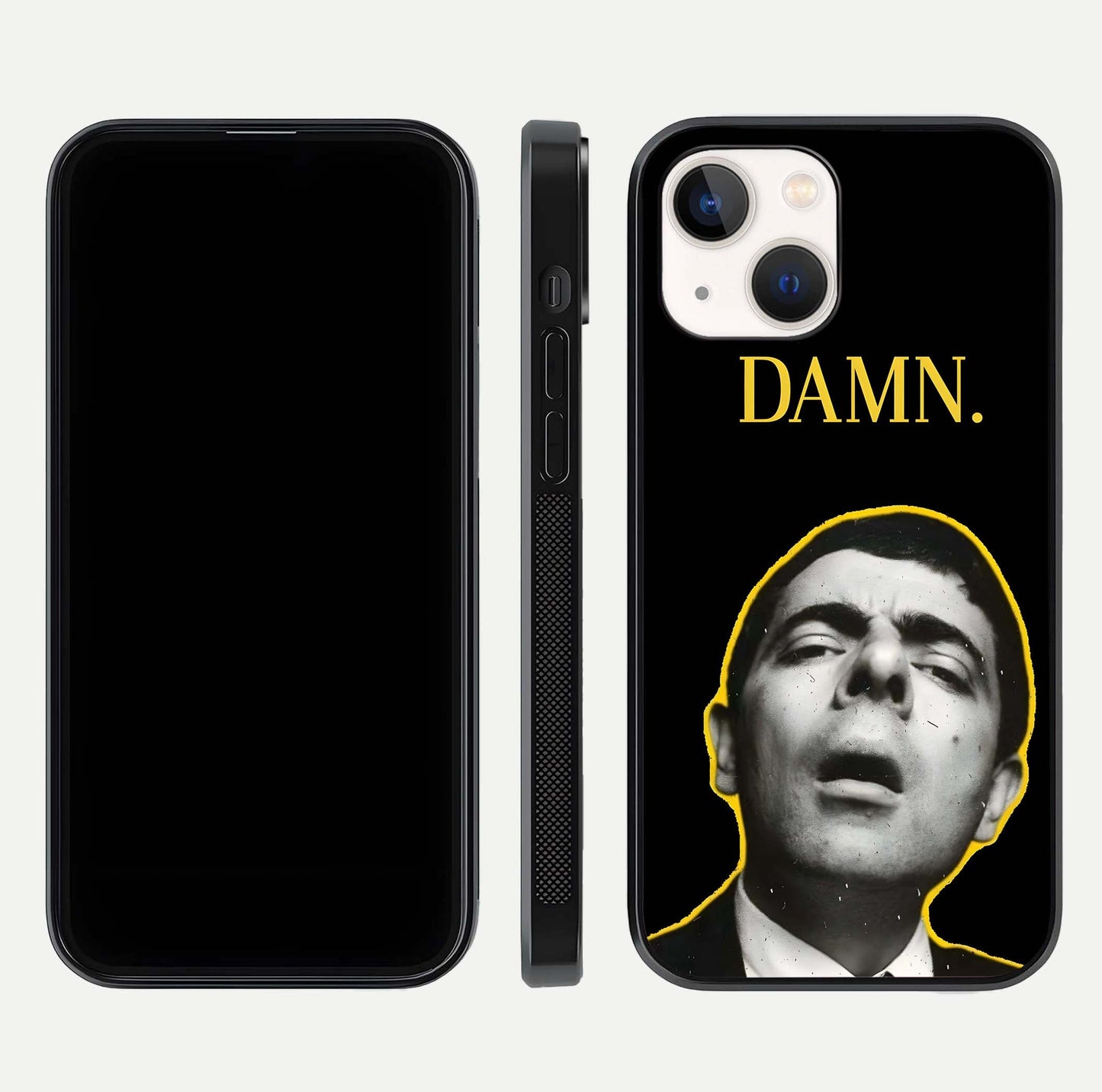Mr Bean Damn Glass Case for iPhone 14 front & back layout displaying fun artwork and curved smooth edges