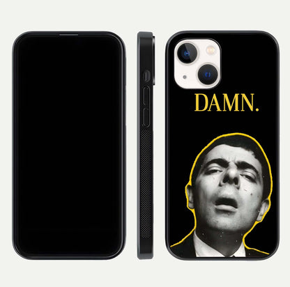 Mr Bean Damn Glass Case for iPhone 14 front & back layout displaying fun artwork and curved smooth edges