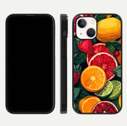 Multiple Fruits Glass Case for iPhone 14 front & back layout highlighting vibrant tones and curved edges