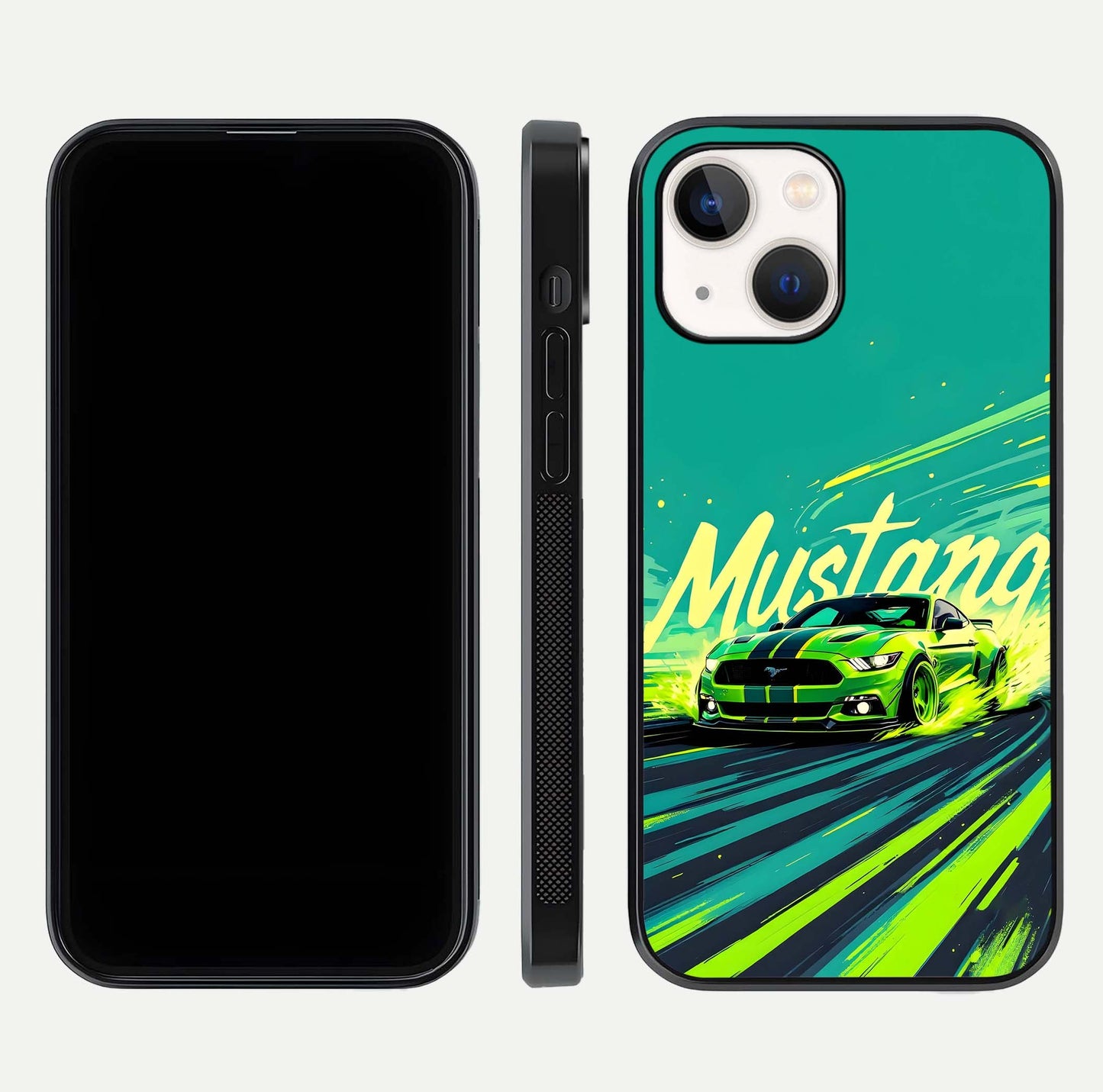 Mustang Bang Glass Case for iPhone 14 front & back layout highlighting dark automotive tones and edge detail