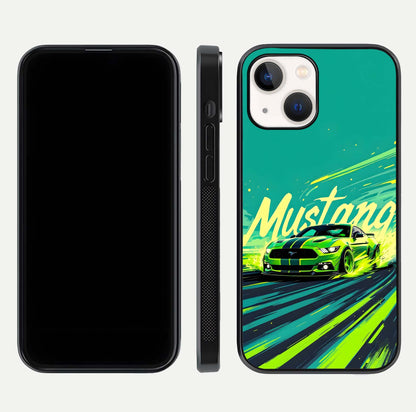 Mustang Bang Glass Case for iPhone 14 front & back layout highlighting dark automotive tones and edge detail