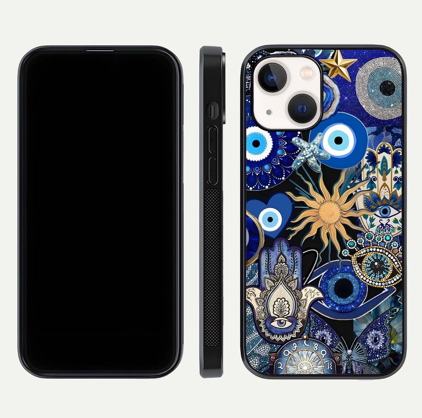 Mystic Blue Evil Eye Glass Case for iPhone 14 front & back layout showing elegant tones and edge finish