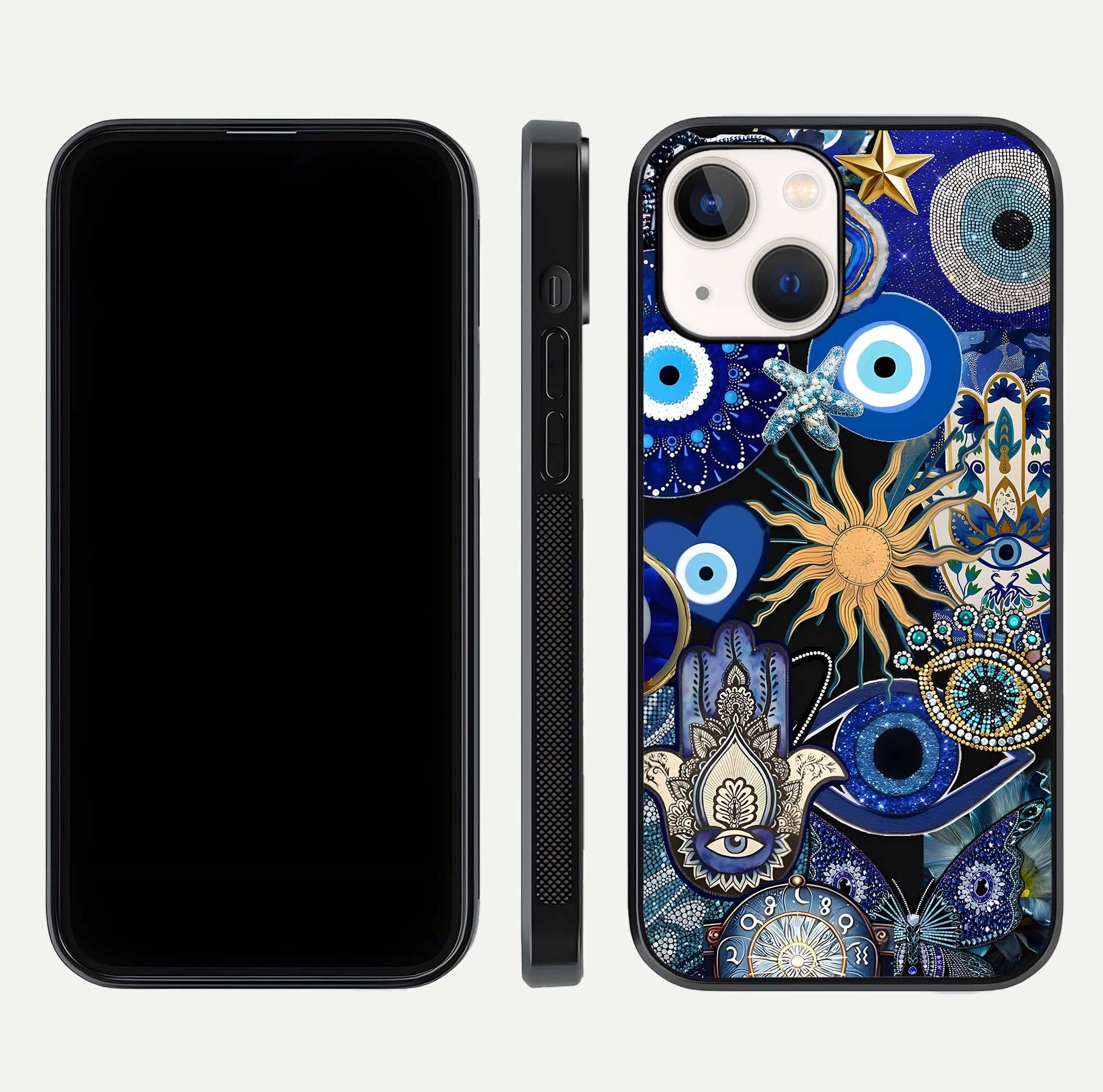 Mystic Blue Evil Eye Glass Case for iPhone 14 front & back layout showing elegant tones and edge finish