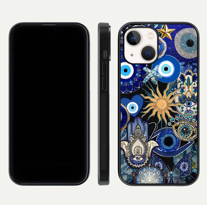 Mystic Blue Evil Eye Glass Case for iPhone 14 front & back layout showing elegant tones and edge finish