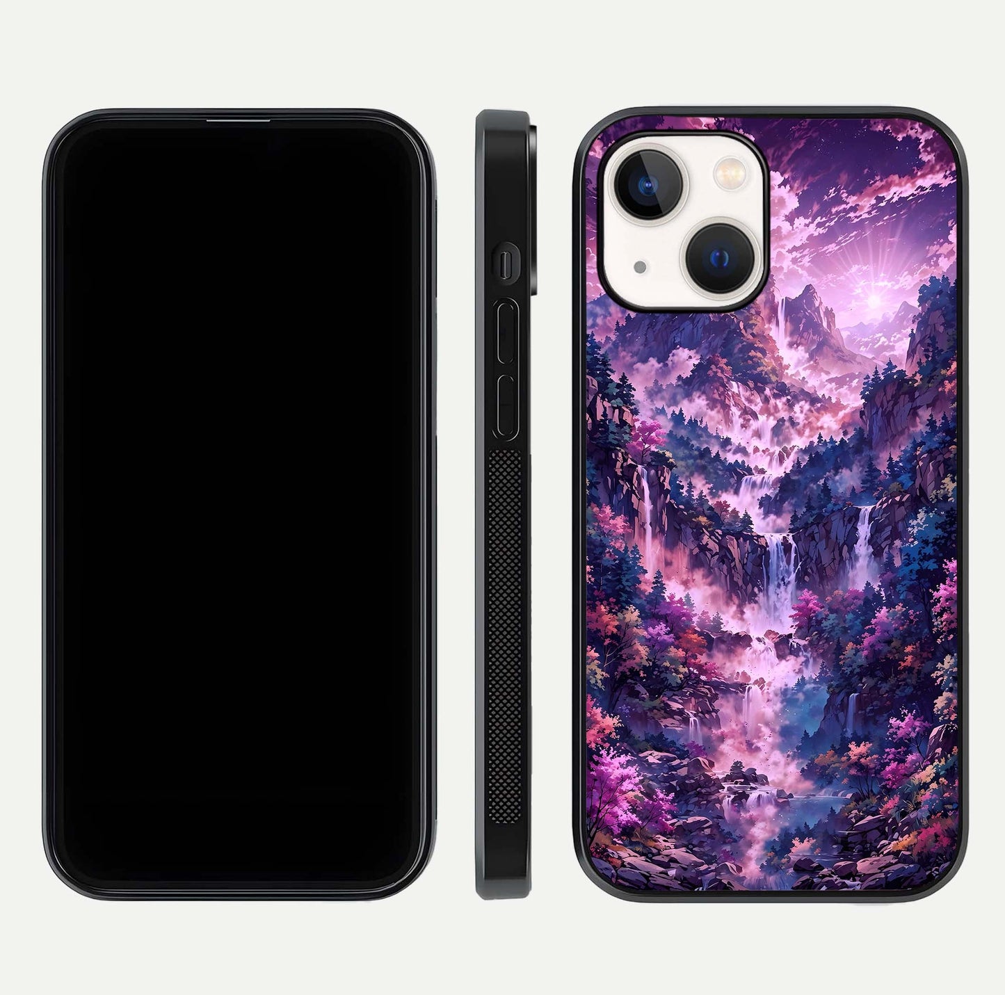 Mystic Cascade Peaks Glass Case for iPhone 14 front & back layout highlighting HD landscape tones