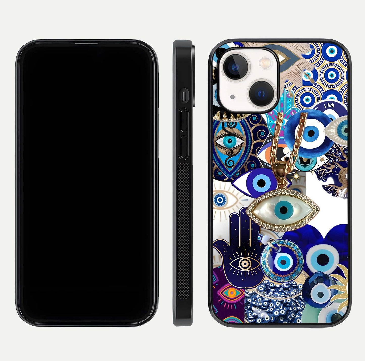 Mystic Charm Eye Glass Case for iPhone 14 front & back layout highlighting spiritual design and edges