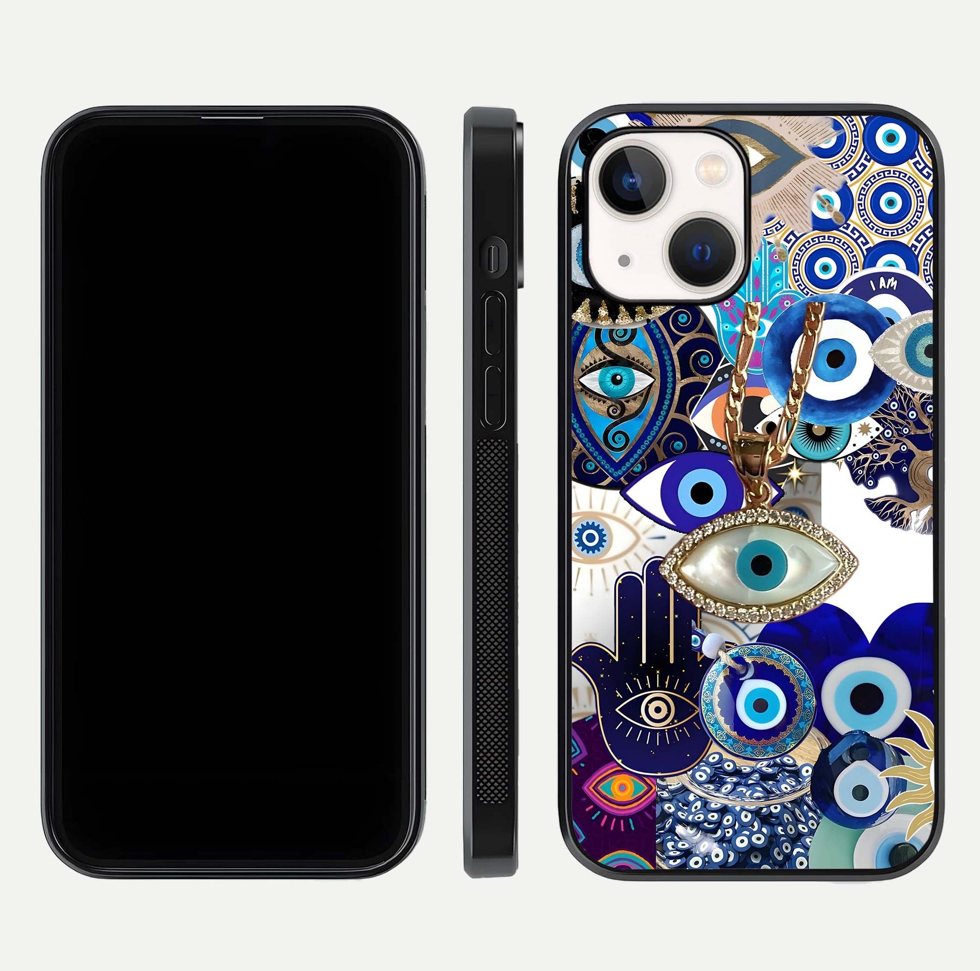 Mystic Charm Eye Glass Case for iPhone 14 front & back layout highlighting spiritual design and edges