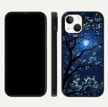 Mystic Floral Night Glass Case for iPhone 14 front & back layout showing elegant floral art and smooth edges