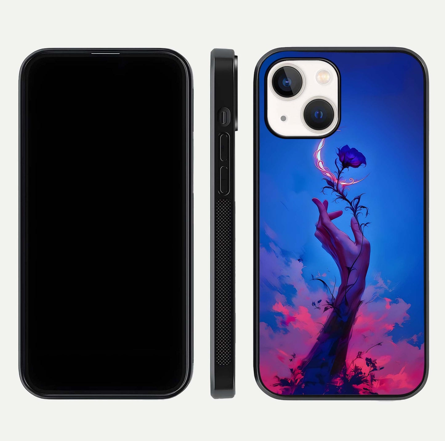 Mystic Hand Glass Case for iPhone 14 front & back layout highlighting mystic design and smooth edges