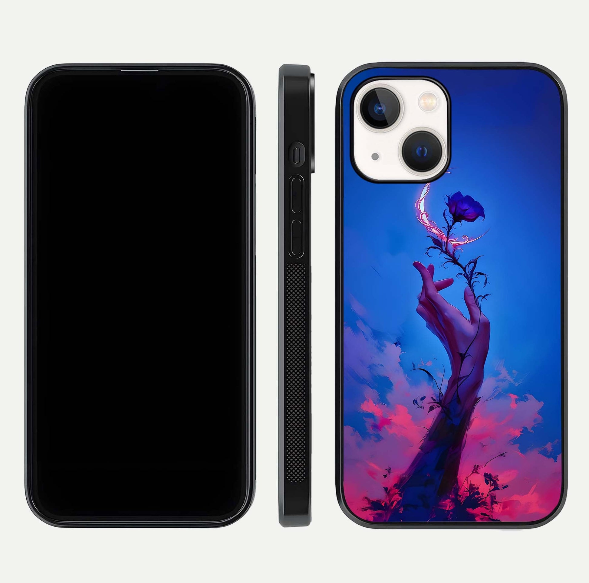 Mystic Hand Glass Case for iPhone 14 front & back layout highlighting mystic design and smooth edges