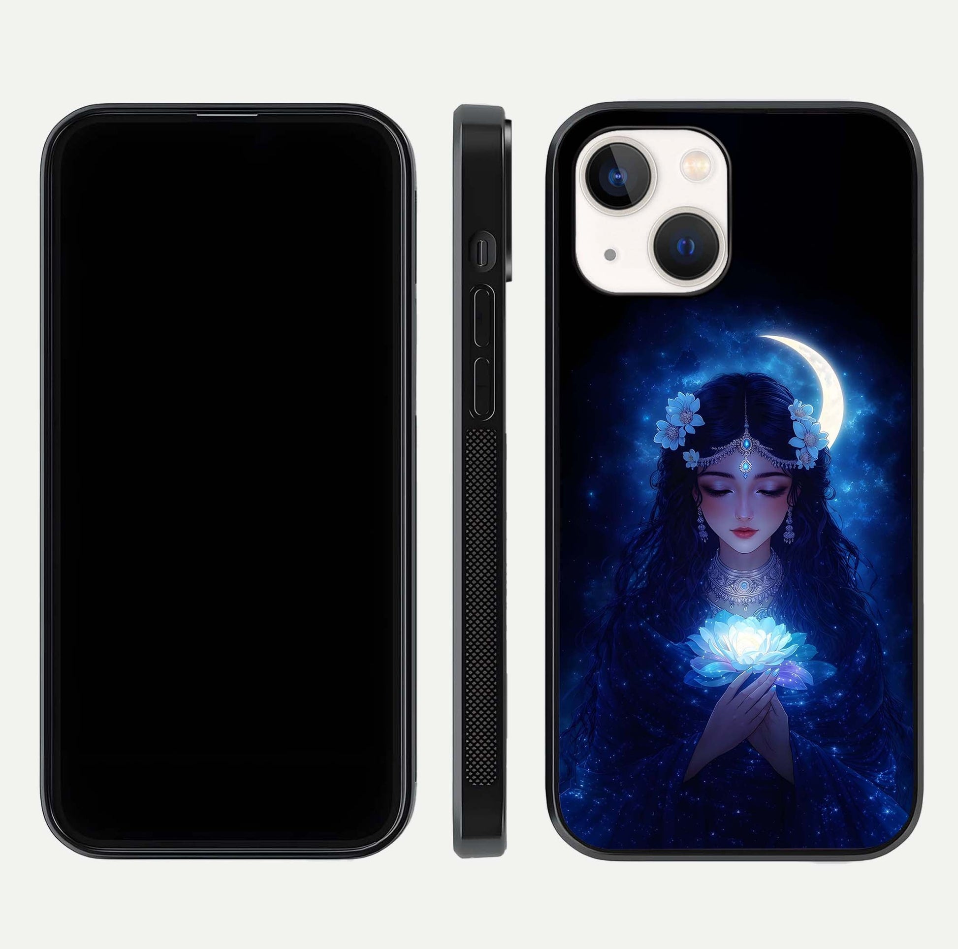 Mystic Moon Queen Glass Case for iPhone 14 front & back layout highlighting divine illustration and edges
