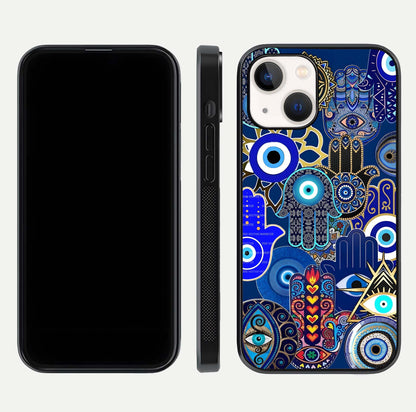 Mystic Palm Guard Glass Case for iPhone 14 front & back layout highlighting spiritual art and edge finish