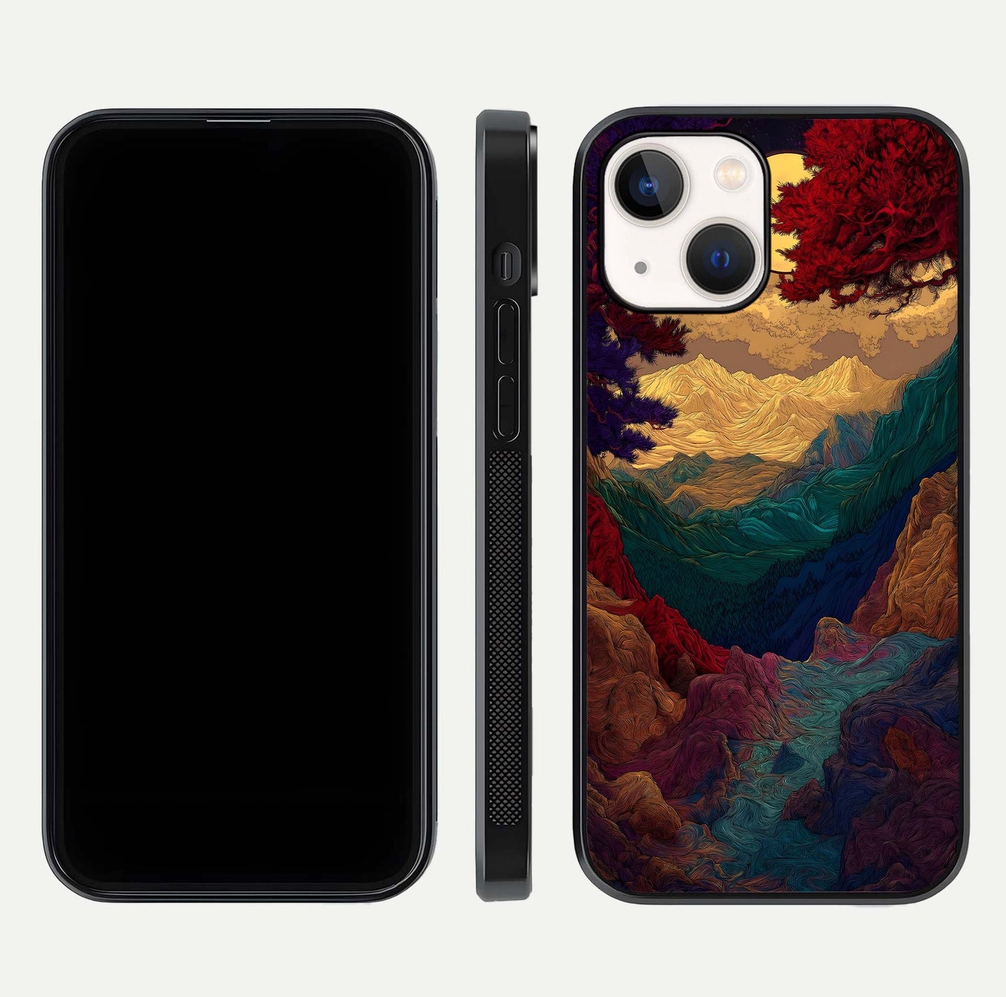 Mystic Valley Light Glass Case for iPhone 14 front & back layout displaying landscape tones and edges