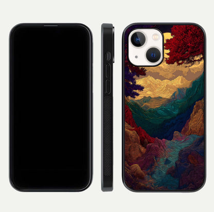 Mystic Valley Light Glass Case for iPhone 14 front & back layout displaying landscape tones and edges