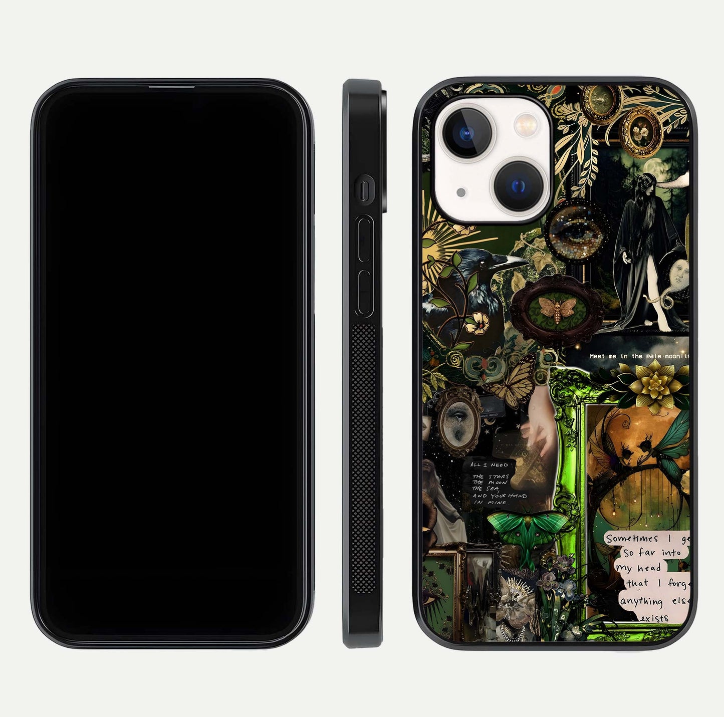 Mystic Woods Secret Glass Case for iPhone 14 front & back layout showing nature theme and smooth edges
