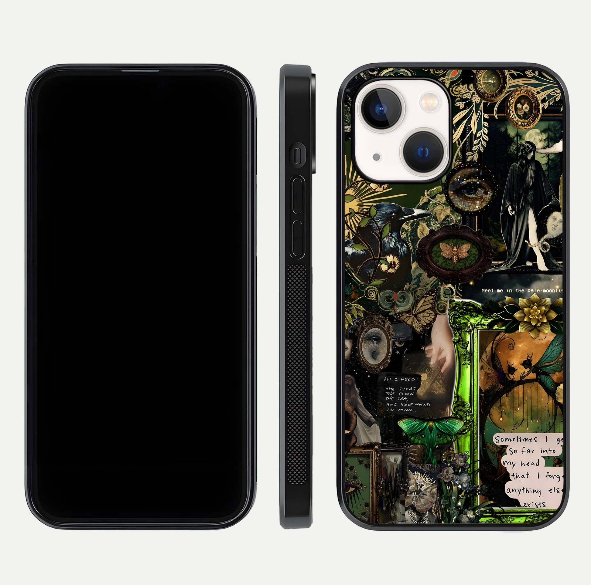 Mystic Woods Secret Glass Case for iPhone 14 front & back layout showing nature theme and smooth edges