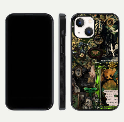 Mystic Woods Secret Glass Case for iPhone 14 front & back layout showing nature theme and smooth edges
