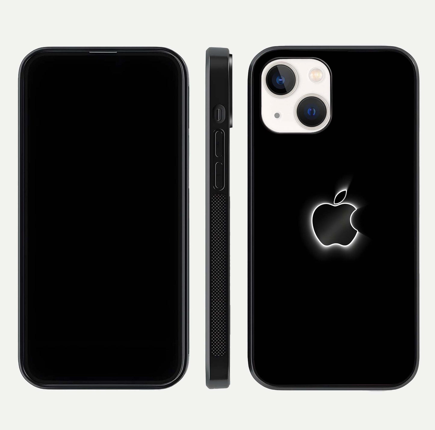 Neon Apple Glow Glass Case for iPhone 14 front & back layout showing bright tones and edge curve