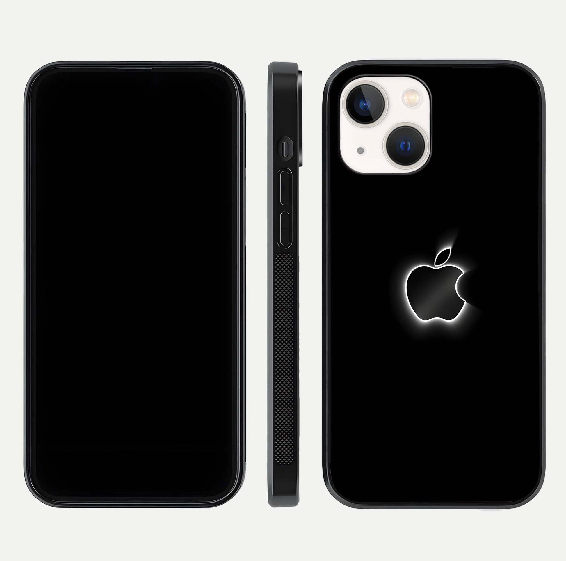 Neon Apple Glow Glass Case for iPhone 14 front & back layout showing bright tones and edge curve