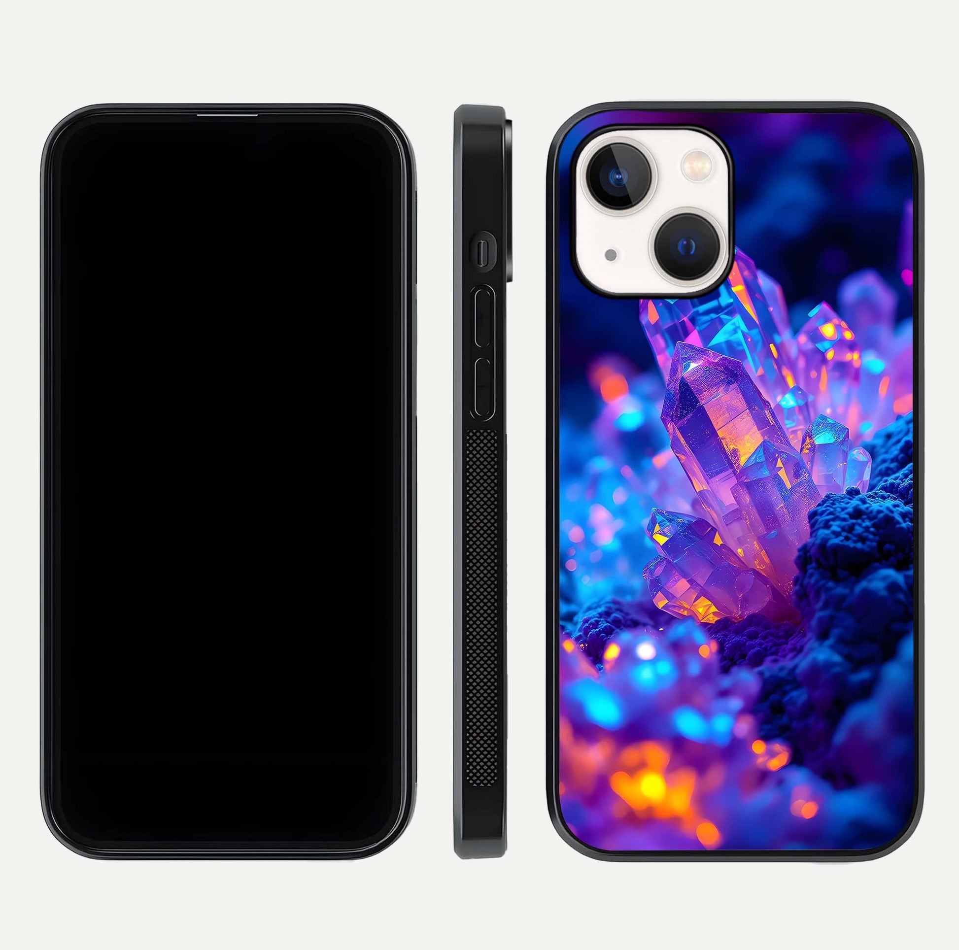 Neon Aura Shards Glass Case for iPhone 14 front & back layout showing vivid tones and edge finish