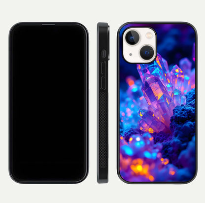 Neon Aura Shards Glass Case for iPhone 14 front & back layout showing vivid tones and edge finish