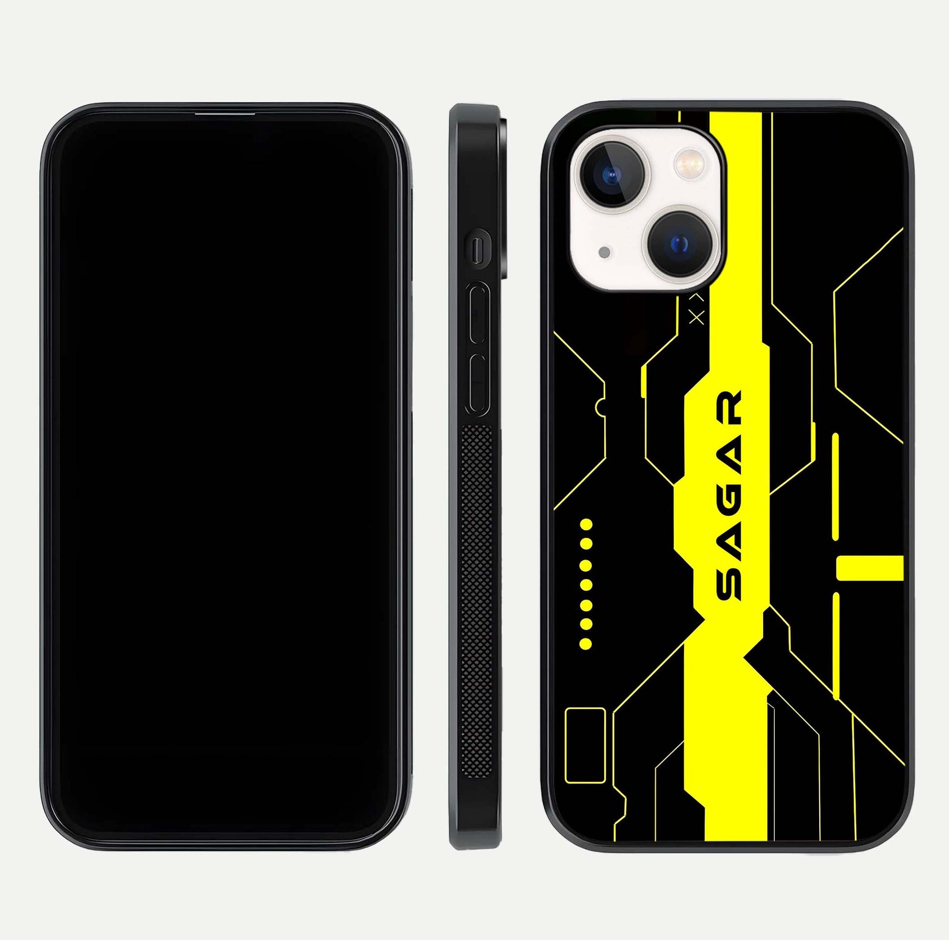 Neon CYBERPUNK Custom Name Glass Case for iPhone 14 front & back layout showing tech art and custom edge