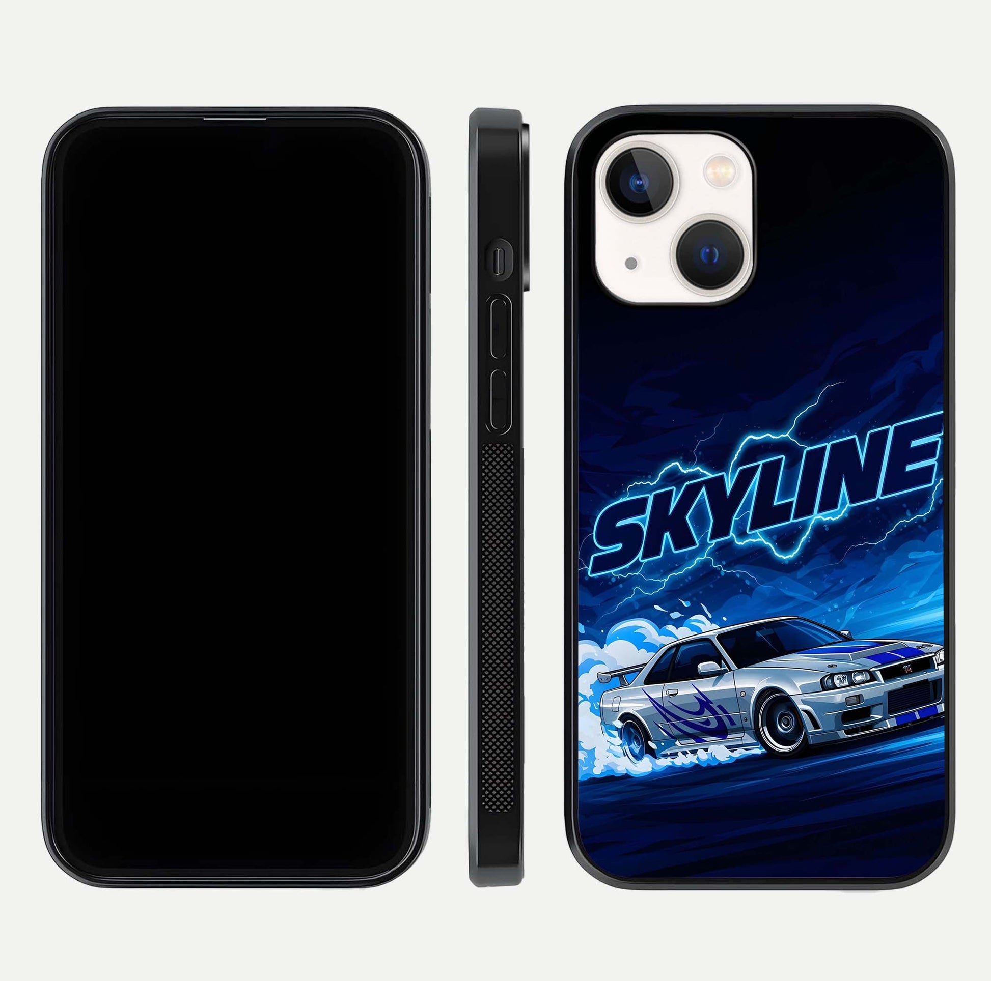 Neon Drift Beast Glass Case for iPhone 14 front & back layout showing car silhouette and edge design