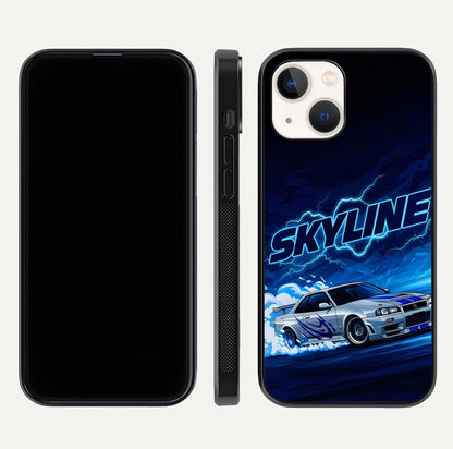 Neon Drift Beast Glass Case for iPhone 14 front & back layout showing car silhouette and edge design