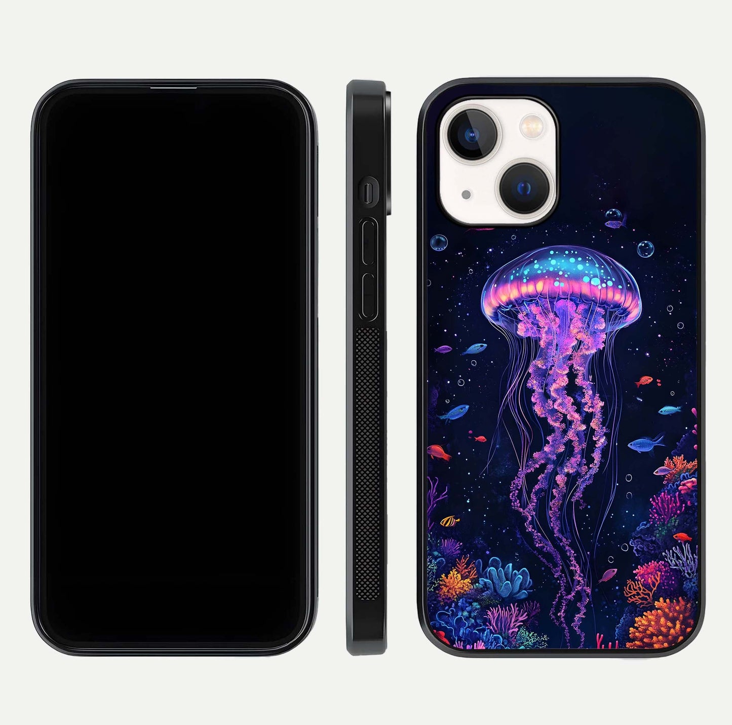 Neon Jellyfish Glass Case for iPhone 14 front & back layout highlighting HD marine art and curved edges