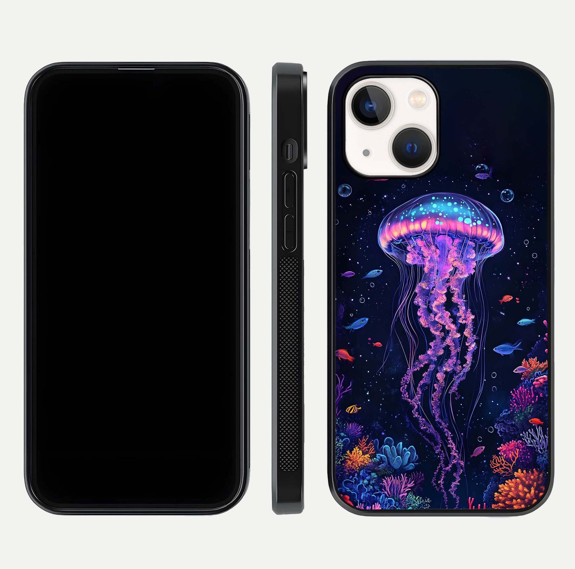 Neon Jellyfish Glass Case for iPhone 14 front & back layout highlighting HD marine art and curved edges